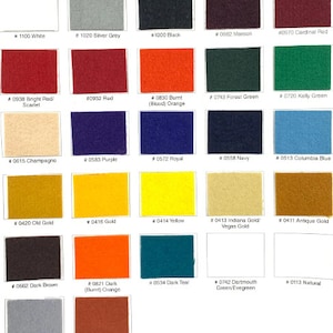 May include: A colour chart with 20 fabric swatches, each labelled with a number and a colour name. The colours include white, silver grey, black, maroon, cardinal red, bright red, red, burnt orange, forest green, kelly green, champagne, purple, royal blue, navy blue, columbia blue, old gold, gold, yellow, Indiana gold, antique gold, dark brown, dark orange, dark teal, dark green, natural, owl grey, and Texas orange.
