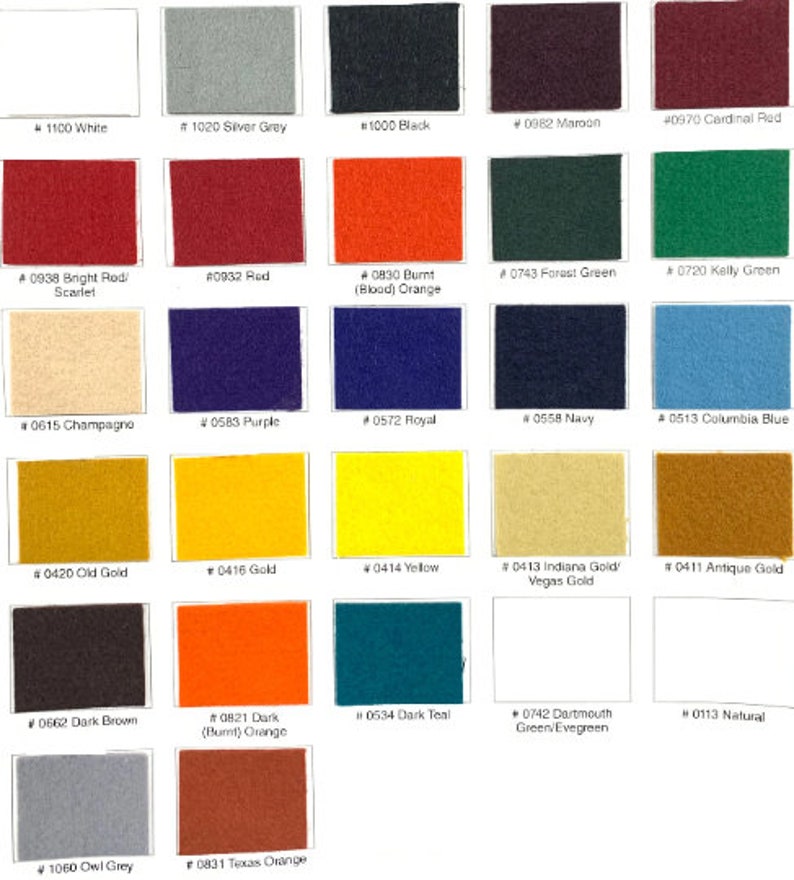 May include: A colour chart with 20 fabric swatches, each labelled with a number and a colour name. The colours include white, silver grey, black, maroon, cardinal red, bright red, red, burnt orange, forest green, kelly green, champagne, purple, royal blue, navy blue, columbia blue, old gold, gold, yellow, Indiana gold, antique gold, dark brown, dark orange, dark teal, dark green, natural, owl grey, and Texas orange.