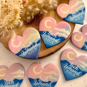 LOCATION MAGNETS: Hand painted canvas magnets with personalised location and date, resin finish. Wedding favours, save the dates, event.
