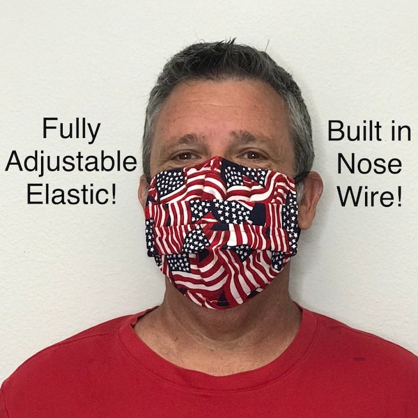 1X-2X-3X- Adjustable Mask w/ Nose Wire / One Day Shipping / Washable Two Layer Mask  - Cotton Blend Fabric - Made in The USA - FREE SHIPPING