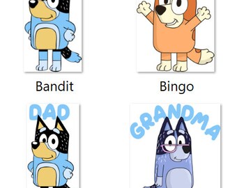 May include: Four cartoon character illustrations on a white background. The characters are Bandit, Bingo, Dad, and Grandma. Bandit is blue with black accents, Bingo is orange, Dad is blue with black accents, and Grandma is blue with glasses.
