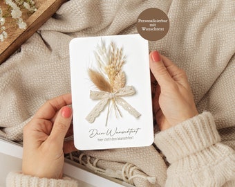 Card with dried flowers, individual saying, personalized, A6, natural paper