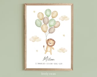 Birth poster, safari, lion, birth board, birth date poster, birth announcement, personalized birth gift, birth announcement forest animals