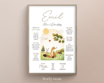 Milestone board 1st birthday, forest, forest animals, autumn, personalized, milestone poster