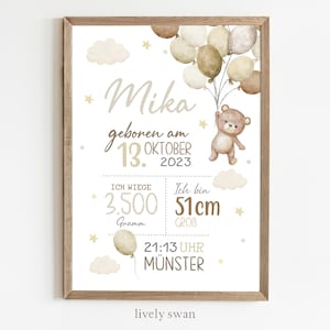 May include: A watercolor illustration of a teddy bear holding balloons with a baby announcement. The text reads "Mika geboren am 13. Oktober 2023. Ich wiege 3.500 Gramm. Ich bin 51cm gro&szlig;. 21:13 Uhr M&uuml;nster."