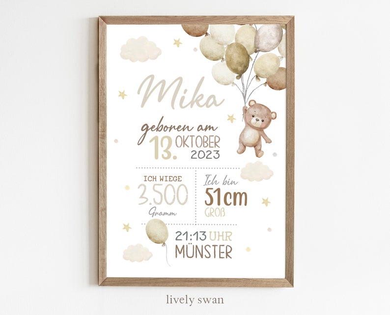 May include: A watercolor illustration of a teddy bear holding balloons with a baby announcement. The text reads "Mika geboren am 13. Oktober 2023. Ich wiege 3.500 Gramm. Ich bin 51cm gro&szlig;. 21:13 Uhr M&uuml;nster."