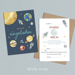 Tarjetas de invitación para cumpleaños infantiles, espacio, planeta, astronauta, invitación para niños, cumpleaños infantiles, DIN A6, papel natural