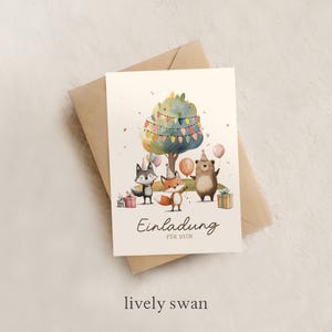 Tarjetas de invitación para cumpleaños infantiles - Animales del bosque - Bosque - Zorro - Arcoiris - Invitación para cumpleaños infantil - DIN A6 - Papel natural