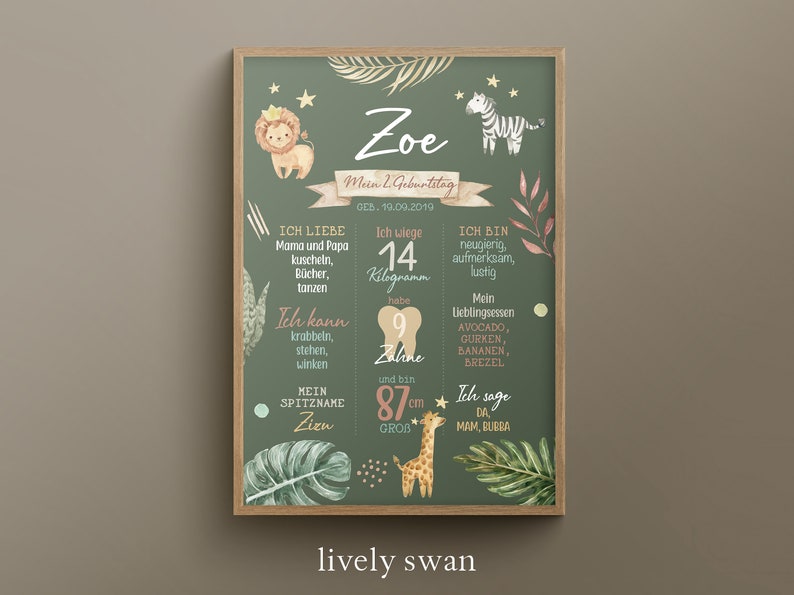 K&ouml;nnte beinhalten: Ein gr&uuml;nes Poster im Stil einer Kreidetafel mit Dschungel-Motiv f&uuml;r den zweiten Geburtstag eines Kindes. Das Poster zeigt einen L&ouml;wen, ein Zebra, eine Giraffe und einen Zahn. Auf dem Poster steht "Zoe, Mein 2. Geburtstag, Geb. 19.09.2019".