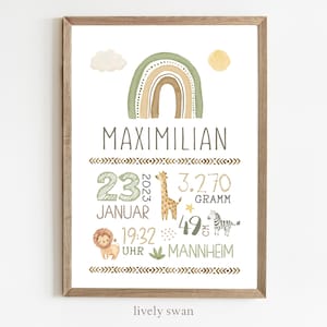 Geboorteposter, safari, leeuw, geboortehoroscoop, geboortedatumposter, geboorteaankondiging, gepersonaliseerd cadeau geboorte, geboorteaankondiging