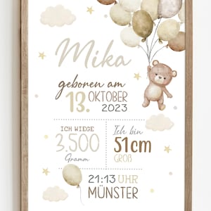 May include: A white and beige baby announcement poster with a brown teddy bear holding balloons. The poster includes the name "Mika", the date "October 13, 2023", the time "21:13", the location "M&uuml;nster", and the baby's weight "3,500 grams" and length "51 cm".