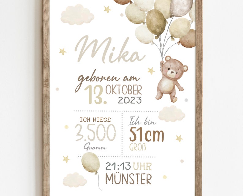 May include: A white and beige baby announcement poster with a brown teddy bear holding balloons. The poster includes the name "Mika", the date "October 13, 2023", the time "21:13", the location "M&uuml;nster", and the baby's weight "3,500 grams" and length "51 cm".