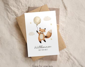 Carte postale naissance A6, papier naturel, bienvenue dans le monde, bébé, renard, ballon, animaux de la forêt, aquarelle