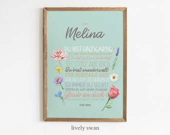 Personalized affirmation poster, flower types poster with sayings, wishes, encouragement, girls #190