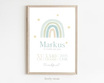 Cadeau de naissance | Affiche de naissance personnalisée avec les détails de la naissance | Affiche bébé arc-en-ciel | Affiche avec prénom | Annonce de naissance pour la chambre du bébé
