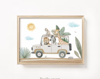 Poster Poster Safari Jeep, Lion, personalized, children's room, children's poster, wall picture children's room, animals