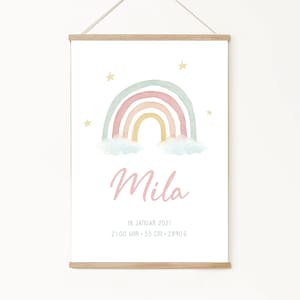 Cartel de nacimiento, carta natal, cartel de fechas de nacimiento, anuncio de nacimiento, regalo de nacimiento personalizado, anuncio de nacimiento, arcoiris