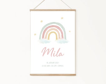 Cadeau de naissance | Affiche de naissance personnalisée avec les détails de la naissance | Affiche bébé arc-en-ciel | Affiche avec prénom | Annonce de naissance pour la chambre du bébé