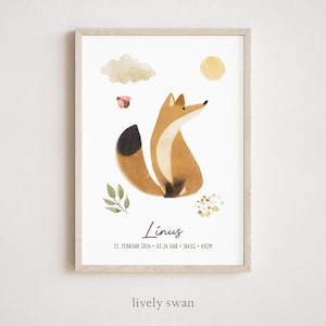 Cartel de nacimiento, zorro, carta natal, cartel de fechas de nacimiento, anuncio de nacimiento, regalo de nacimiento personalizado, anuncio de nacimiento animales del bosque
