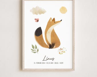 Baby Gift | Personalized Birth Poster with Birth Details | Baby Poster Woodland Animals Fox | Birth Announcement for Nursery