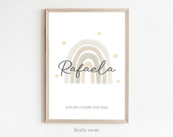 Cadeau de naissance | Affiche de naissance personnalisée avec les détails de la naissance | Affiche bébé arc-en-ciel | Affiche avec prénom | Annonce de naissance pour la chambre du bébé