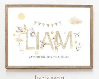 Personalized birth poster with birth details | Baby poster with stork and baby | Birth announcement for nursery | Gift for newborns
