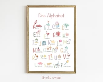 May include: A colorful alphabet chart with illustrations for each letter. The chart features a pink, blue, and green color scheme with watercolor-style illustrations. The German words for each letter are listed below the illustrations.