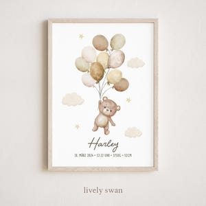 Cartel de nacimiento osito de peluche, carta natal, globos de cartel de fechas de nacimiento, anuncio de nacimiento, regalo de nacimiento, globos de anuncio de nacimiento