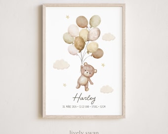 Personalized birth poster with birth details | Baby poster with teddy bear and balloons | Birth announcement for nursery | Gift for newborns