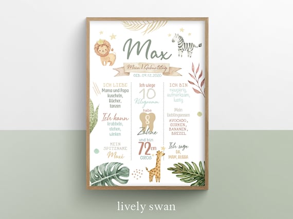 Meilensteinposter 1. Geburtstag personalisiert | Safari Geburtstagstafel mit Löwe | Birthday Board | Geschenk zum 1. Geburtstag