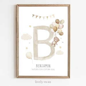 Cartel de nacimiento, osito, globos, carta natal, cartel de fechas de nacimiento, anuncio de nacimiento, regalo de nacimiento personalizado, anuncio de nacimiento