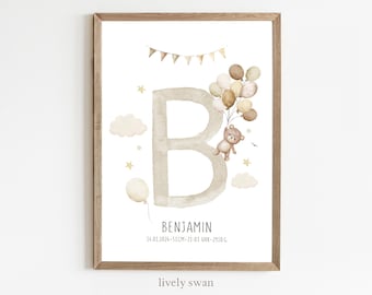 Póster de nacimiento, osito de peluche, globos, carta astral, póster de fecha de nacimiento, anuncio de nacimiento, regalo de nacimiento personalizado, anuncio de nacimiento