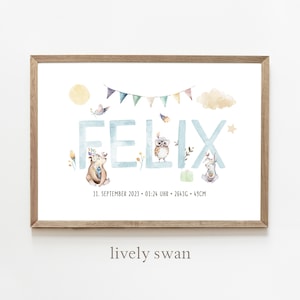 Cartel de nacimiento, animales del bosque, niño, carta natal, cartel de fechas de nacimiento, anuncio de nacimiento, regalo personalizado nacimiento, anuncio de nacimiento animales del bosque