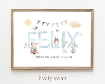 Poster nascita, animali della foresta, ragazzo, tema natale, poster date di nascita, annuncio nascita, regalo nascita personalizzato, annuncio nascita animali della foresta