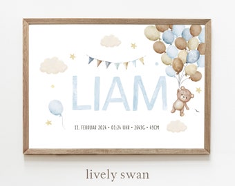 Birth poster, teddy bear, balloons, birth chart, birth date poster, birth announcement, personalized gift birth, birth announcement