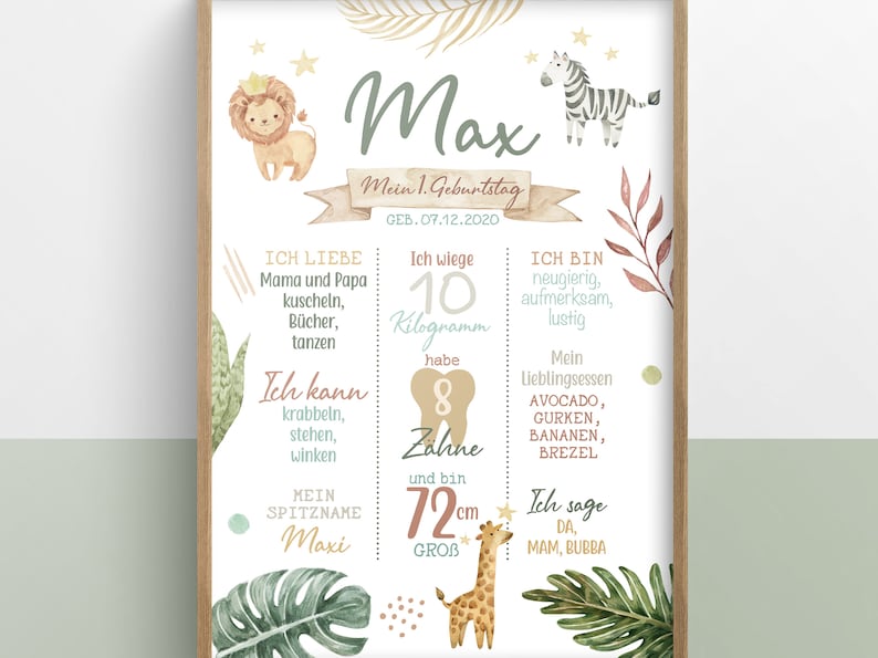 K&ouml;nnte beinhalten: Eine Aquarell-Illustration eines Dschungel-Themas f&uuml;r den ersten Geburtstag eines Babys namens Max. Das Poster zeigt einen L&ouml;wen, ein Zebra, eine Giraffe und einen Zahn mit der Zahl 8 darauf. Das Poster enth&auml;lt den Namen des Babys, das Geburtsdatum, das Gewicht, die Gr&ouml;&szlig;e und die Lieblingsessen. Der Text auf dem Poster lautet: "Max, Mein 1. Geburtstag, Geb. 07.12.2020, Ich wiege 10 Kilogramm, habe 8 Zahne, und bin 72cm gro&szlig;, Ich liebe Mama und Papa kuscheln, B&uuml;cher, tanzen, Ich kann krabbeln, stehen, winken, Mein Spitzname Maxi, Ich bin neugierig, aufmerksam, lustig, Mein Lieblingsessen Avocado, Gurken, Bananen, Brezel, Ich sage Da, Mam, Bubba."