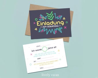 Children's birthday party invitation cards - Neon planets - Gamer - Laser tag - Invitation for children - Children's birthday party - DIN A6 - Natural paper