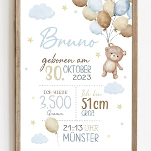 May include: A baby announcement poster with a watercolor illustration of a teddy bear holding balloons. The poster says "Bruno geboren am 30. Oktober 2023", "Ich wiege 3.500 Gramm", "Ich bin 51cm gro&szlig;", "21:13 Uhr M&uuml;nster".