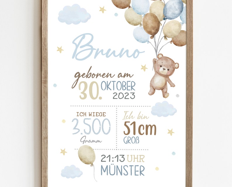May include: A baby announcement poster with a watercolor illustration of a teddy bear holding balloons. The poster says "Bruno geboren am 30. Oktober 2023", "Ich wiege 3.500 Gramm", "Ich bin 51cm gro&szlig;", "21:13 Uhr M&uuml;nster".