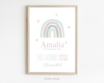 Cadeau de naissance | Affiche de naissance personnalisée avec les détails de la naissance | Affiche bébé arc-en-ciel | Affiche avec prénom | Annonce de naissance pour la chambre du bébé