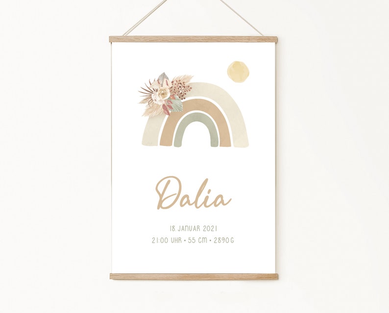 Cartel de nacimiento, carta natal, cartel de fechas de nacimiento, anuncio de nacimiento, regalo personalizado nacimiento, anuncio de nacimiento, boho, pampa, flores secas imagen 1