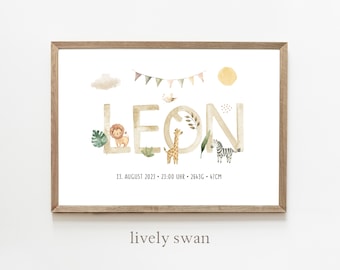 Póster de nacimiento Safari, León, carta natal, póster de fecha de nacimiento, anuncio de nacimiento, regalo de nacimiento personalizado, anuncio de nacimiento Safari, León