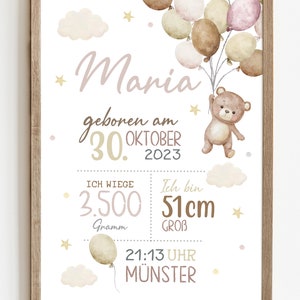 May include: A watercolor illustration of a baby announcement with a teddy bear holding balloons. The text reads "Maria born on October 30, 2023. I weigh 3,500 grams and I am 51 cm tall. 21:13 M&uuml;nster."