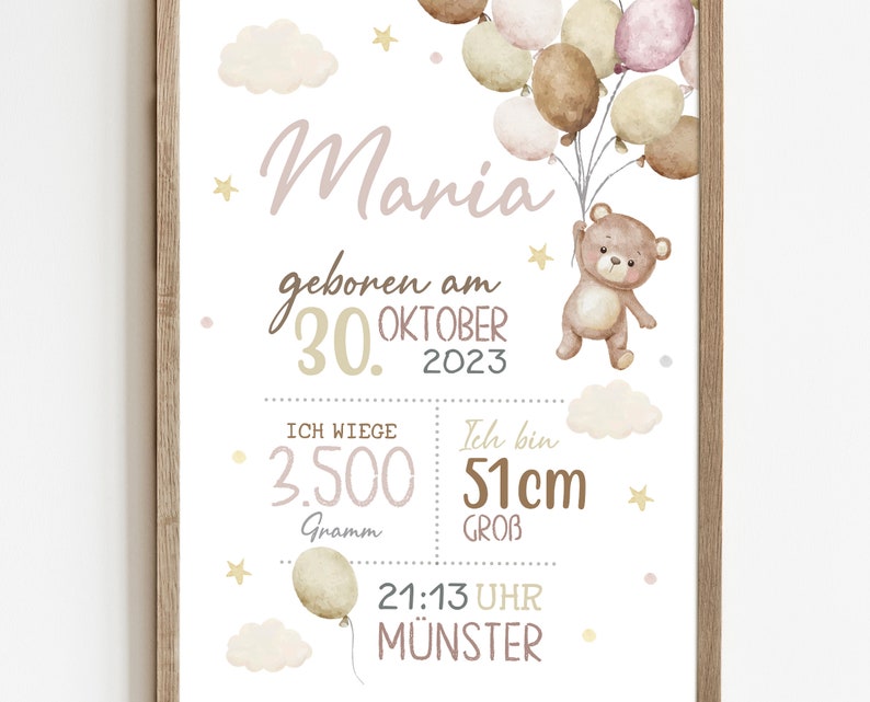 May include: A watercolor illustration of a baby announcement with a teddy bear holding balloons. The text reads "Maria born on October 30, 2023. I weigh 3,500 grams and I am 51 cm tall. 21:13 M&uuml;nster."