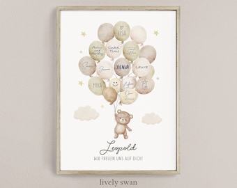 Póster de invitado personalizado para escribir, osito de peluche, decoración de baby shower, fiesta de bebé, primer cumpleaños, libro de visitas