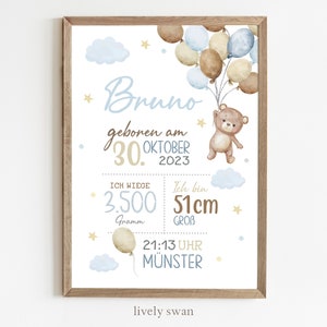 May include: A watercolor illustration of a baby boy's birth announcement. The illustration features a brown teddy bear holding balloons, a blue and white cloud, and gold stars. The text reads "Bruno geboren am 30. Oktober 2023", "Ich wiege 3.500 Gramm", "Ich bin 51cm gro&szlig;", and "21:13 Uhr M&uuml;nster".