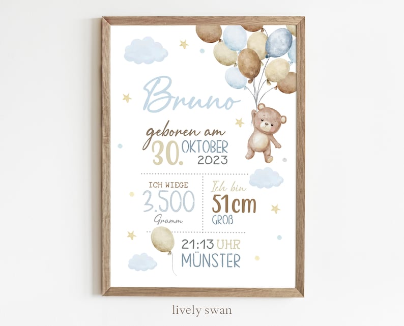 May include: A watercolor illustration of a baby boy's birth announcement. The illustration features a brown teddy bear holding balloons, a blue and white cloud, and gold stars. The text reads "Bruno geboren am 30. Oktober 2023", "Ich wiege 3.500 Gramm", "Ich bin 51cm gro&szlig;", and "21:13 Uhr M&uuml;nster".