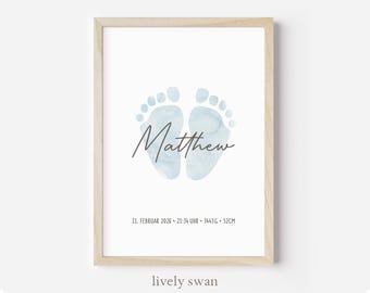 Baby shower gift | Personalized birth poster with birth details | Baby footprint watercolor | Poster with name | Birth announcement for nursery