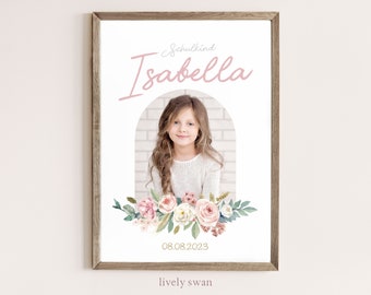 Milestone board for school enrollment, school enrollment board, poster schoolchild, girl, flowers