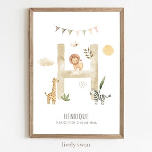Poster nascita, safari, leone, tema natale, poster date di nascita, annuncio nascita, regalo nascita personalizzato, annuncio nascita animali della foresta